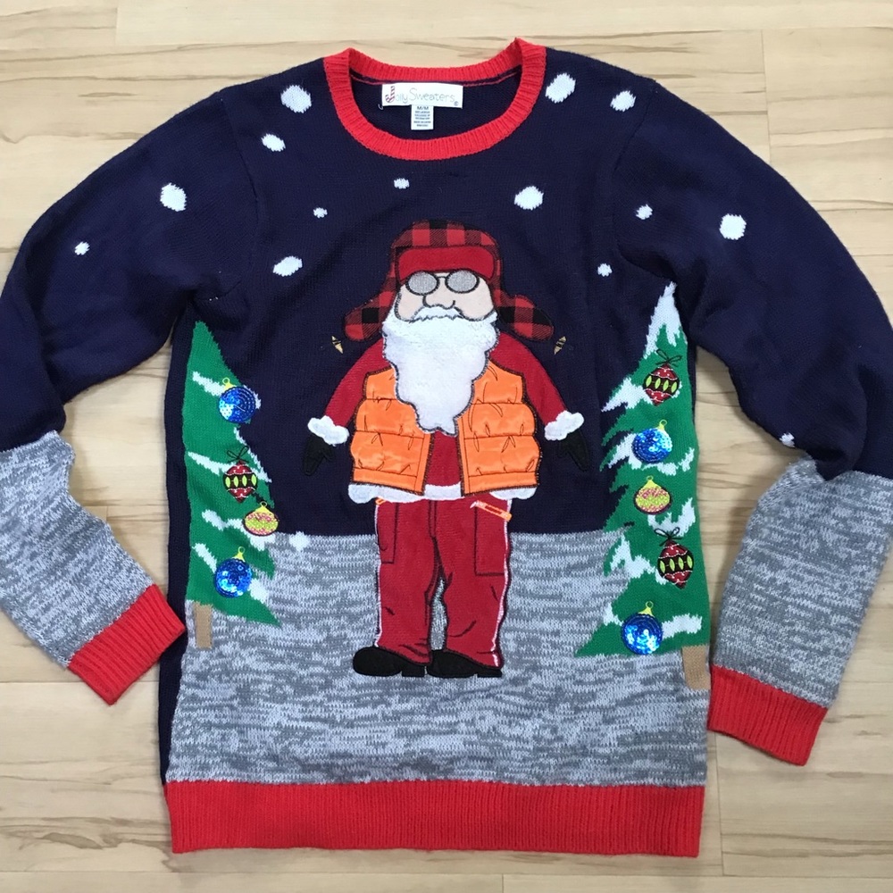 Jolly Sweaters Santa Goggles Orange Hunting Vest Trees Ugly‎ Christmas Sweater M